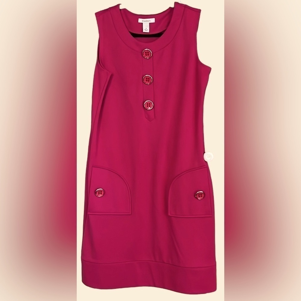 DRESS BARN Fuchsia Pink Sleeveless Knit Dress/Jumper w/Gold Buttons, Sz 4, GUC.